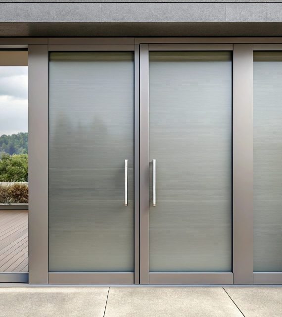 Modern entrance door with metal handles